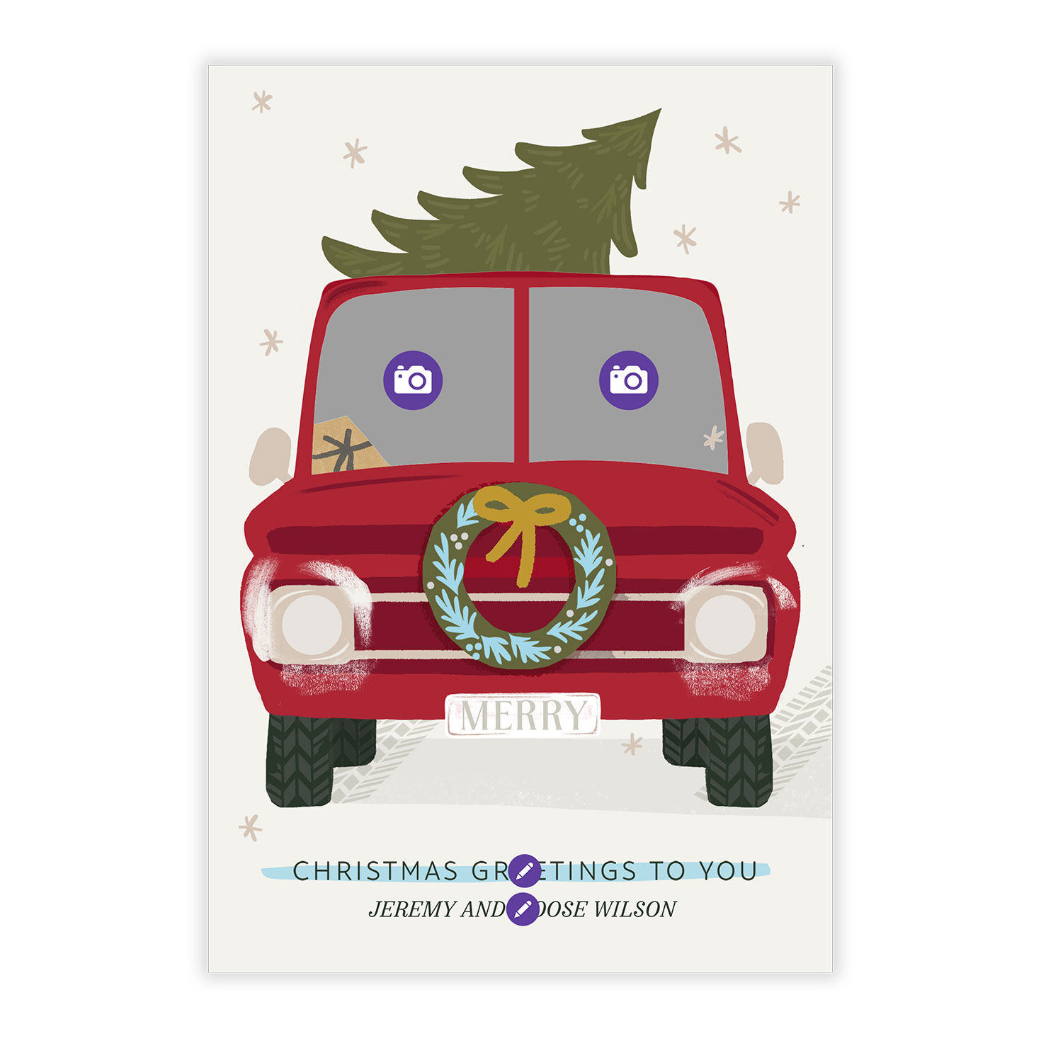 Red Truck With Photos Personalized Christmas Card Card Front indicating personalization image number 5