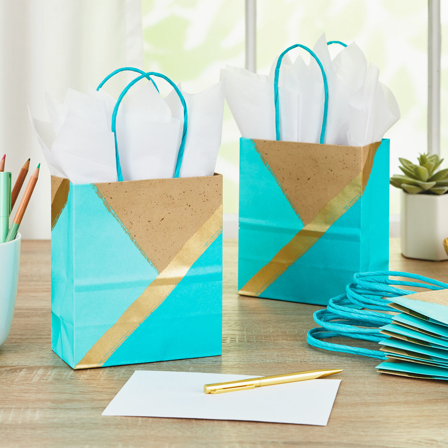 6.5" Turquoise and Kraft Paper 8-Pack Gift Bags, , large image number 2