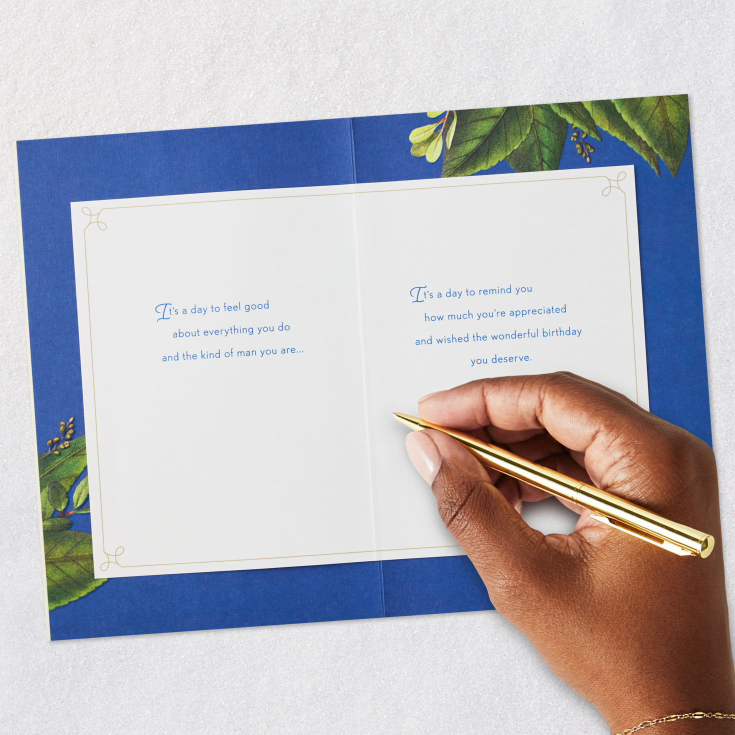 Green Leaves Navy and Cream Birthday Card for Man Signing card image number 7