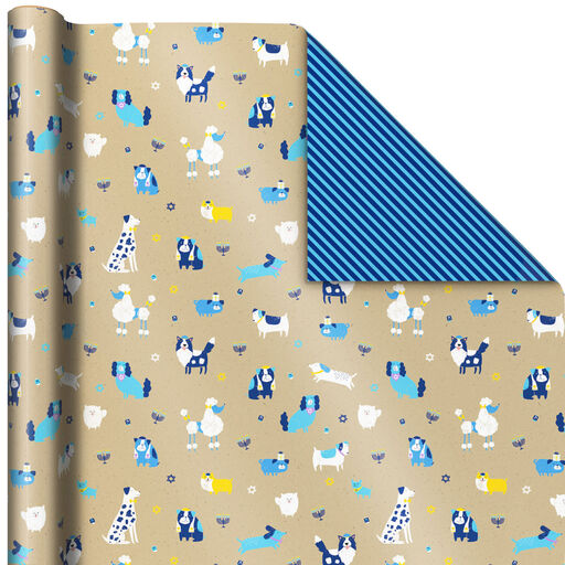 Dogs on Kraft/Blue Diagonal Stripes Reversible Hanukkah Wrapping Paper, 35 sq. ft., 