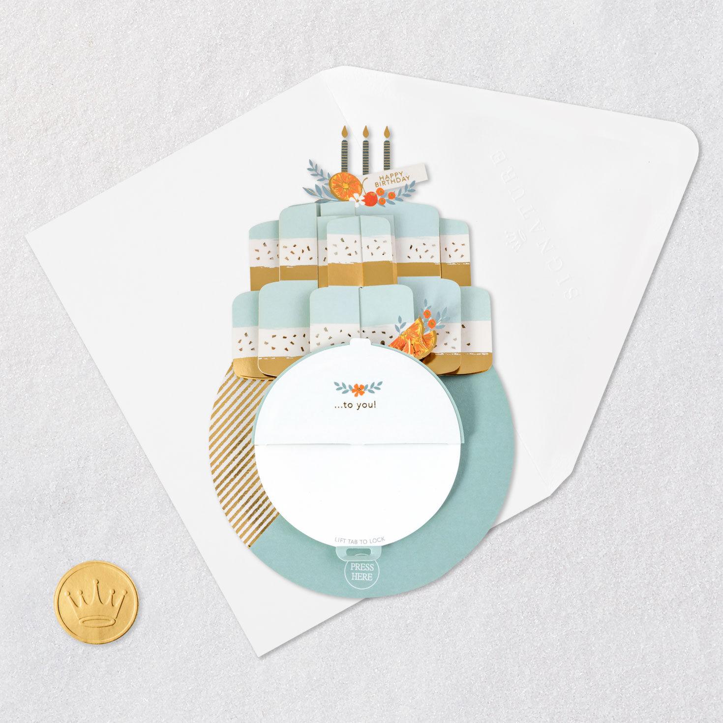 Spinning Mint Green Citrus Cake Pop-Up Birthday Card Card Front with Envelope and Gold Seal image number 7