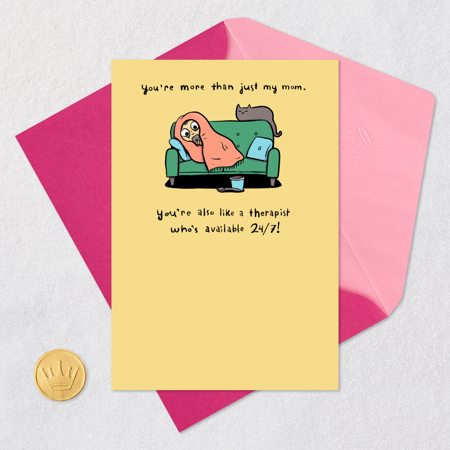 Girl Looking at Phone on Couch with Cat Mother's Day Card  image number 5