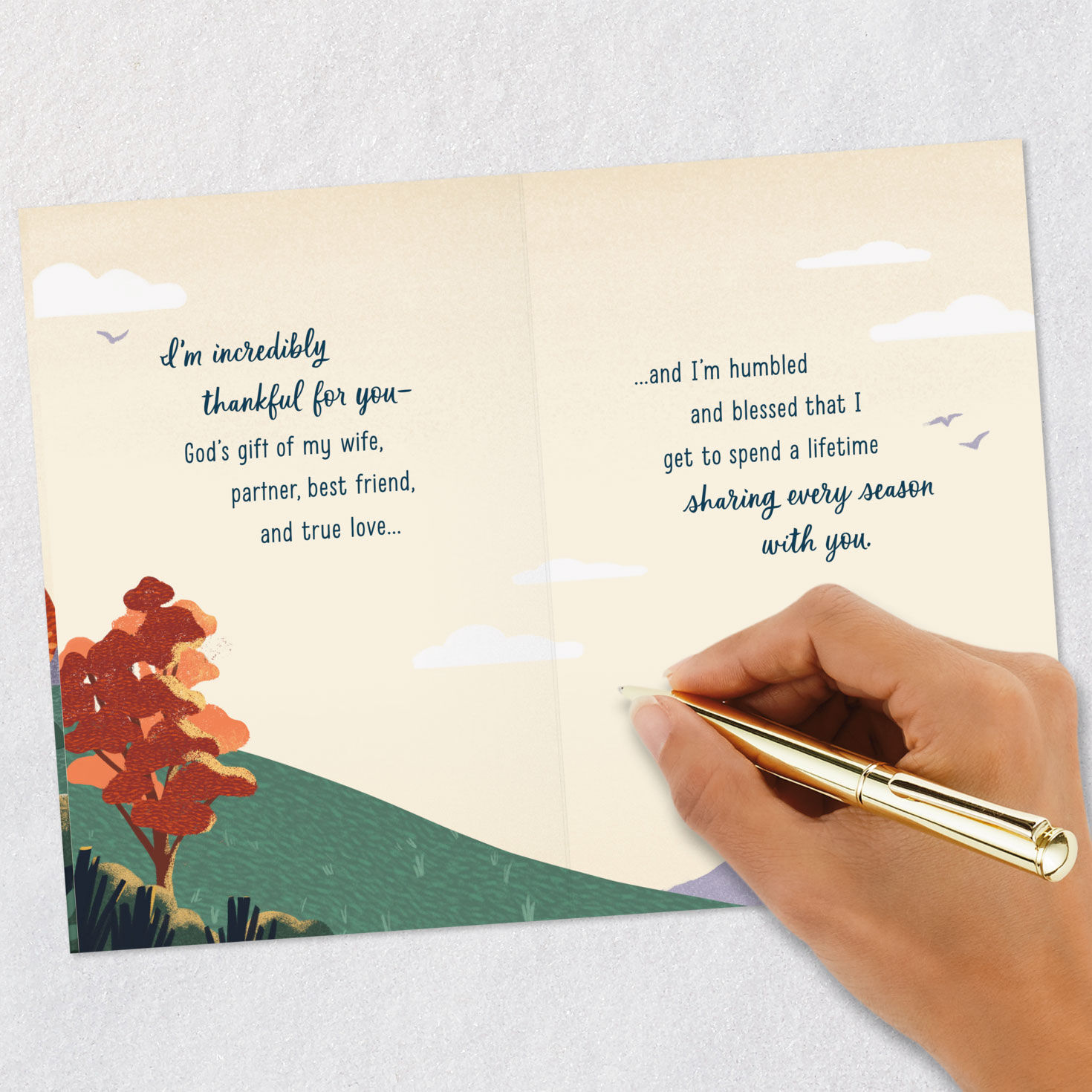 Autumn Lake Scene Religious Thanksgiving Card for Wife Signing card image number 7