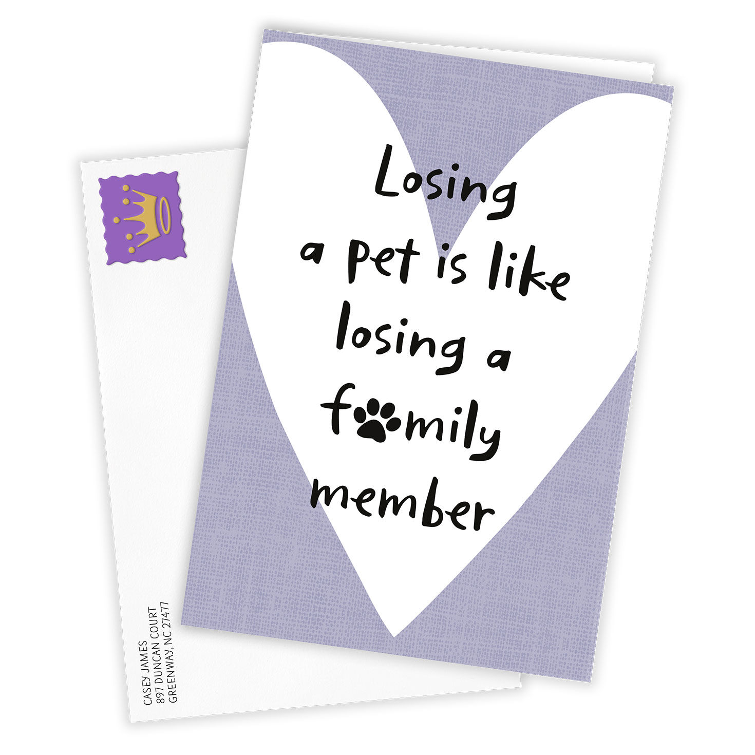 Purple With White Heart Personalized Sympathy Card Card Front with Envelope image number 2