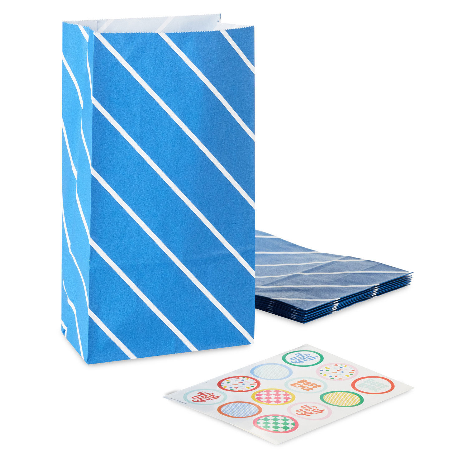 Bold Blue Stripes 8-Pack Paper Goodie Bags With Stickers