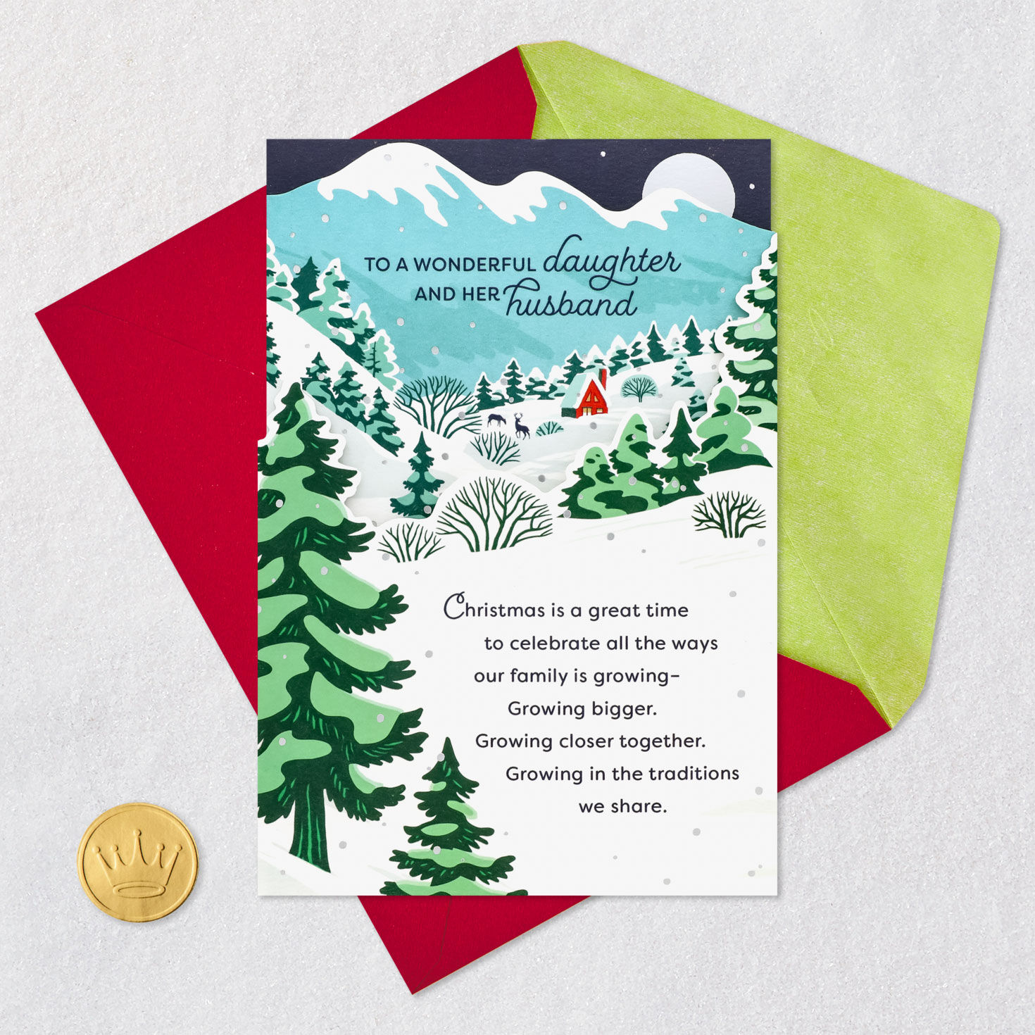 Winter Wonderland Christmas Card for Daughter and Husband Card Front with Envelope and Gold Seal image number 7