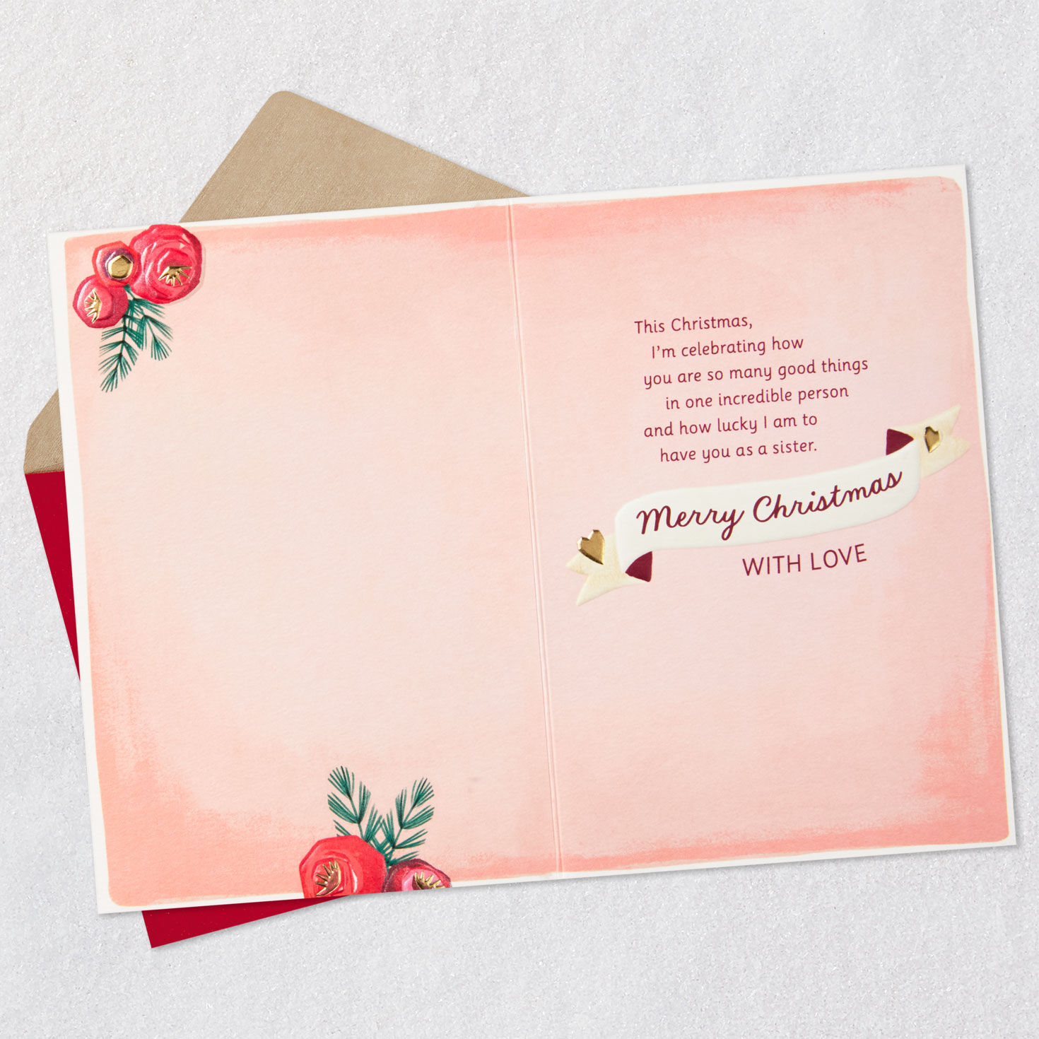 Pink Flowers and Hearts Sister Christmas Card Open card with envelope image number 3