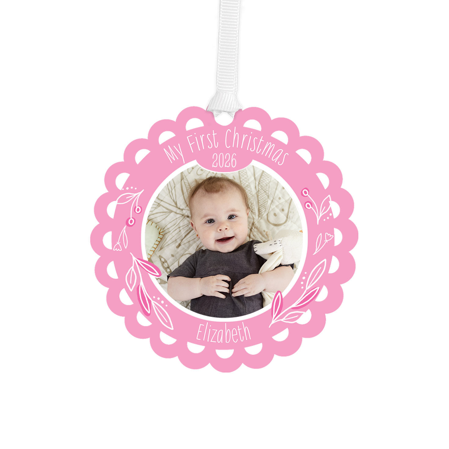 Baby's First Christmas Pink Scalloped Metal Personalized Ornament, Custom Photo and Text