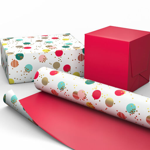 Colorful Dots/Solid Red Reversible Christmas Wrapping Paper, 30 sq. ft., 