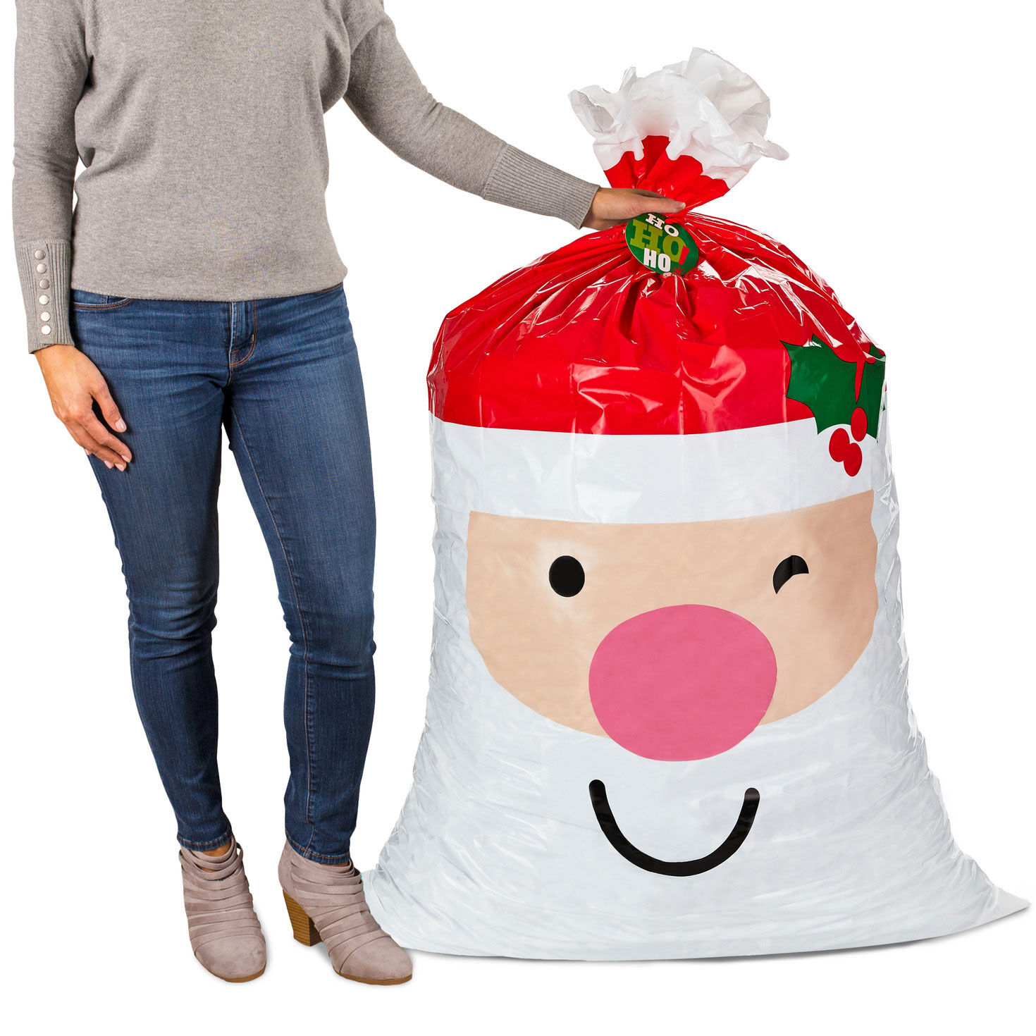 56 Smiling Santa Giant Plastic Christmas Gift Bag With Tag and Tie Gift Bags Hallmark