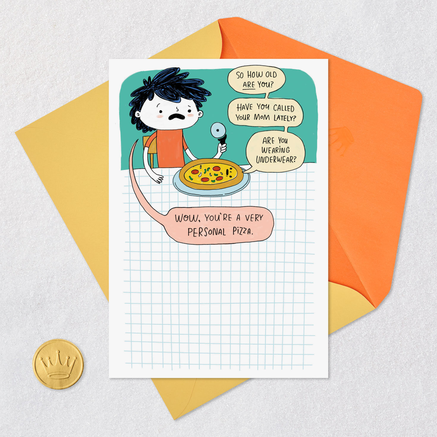 Overly Personal Pizza Funny Birthday Card Card Front with Envelope and Gold Seal image number 5