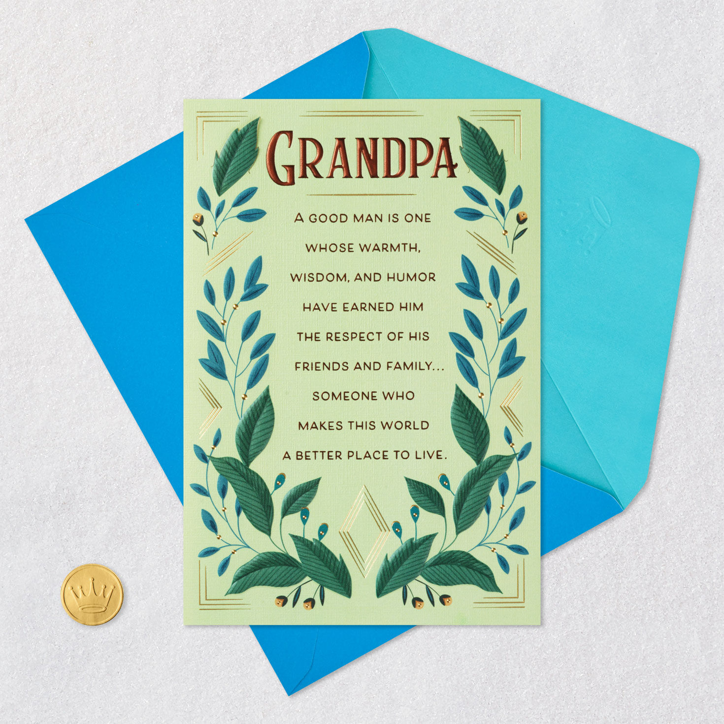 Green Vines Art Deco Father's Day Card for Grandpa Card Front with Envelope and Gold Seal image number 5