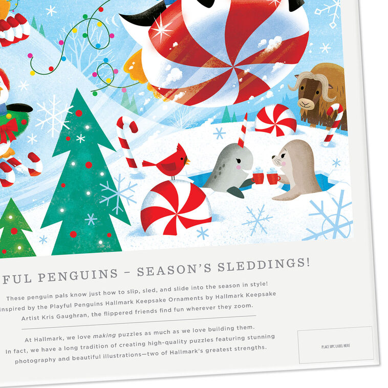 Penguins on Peppermint Sleds 550-Piece Puzzle upclose view image number 4