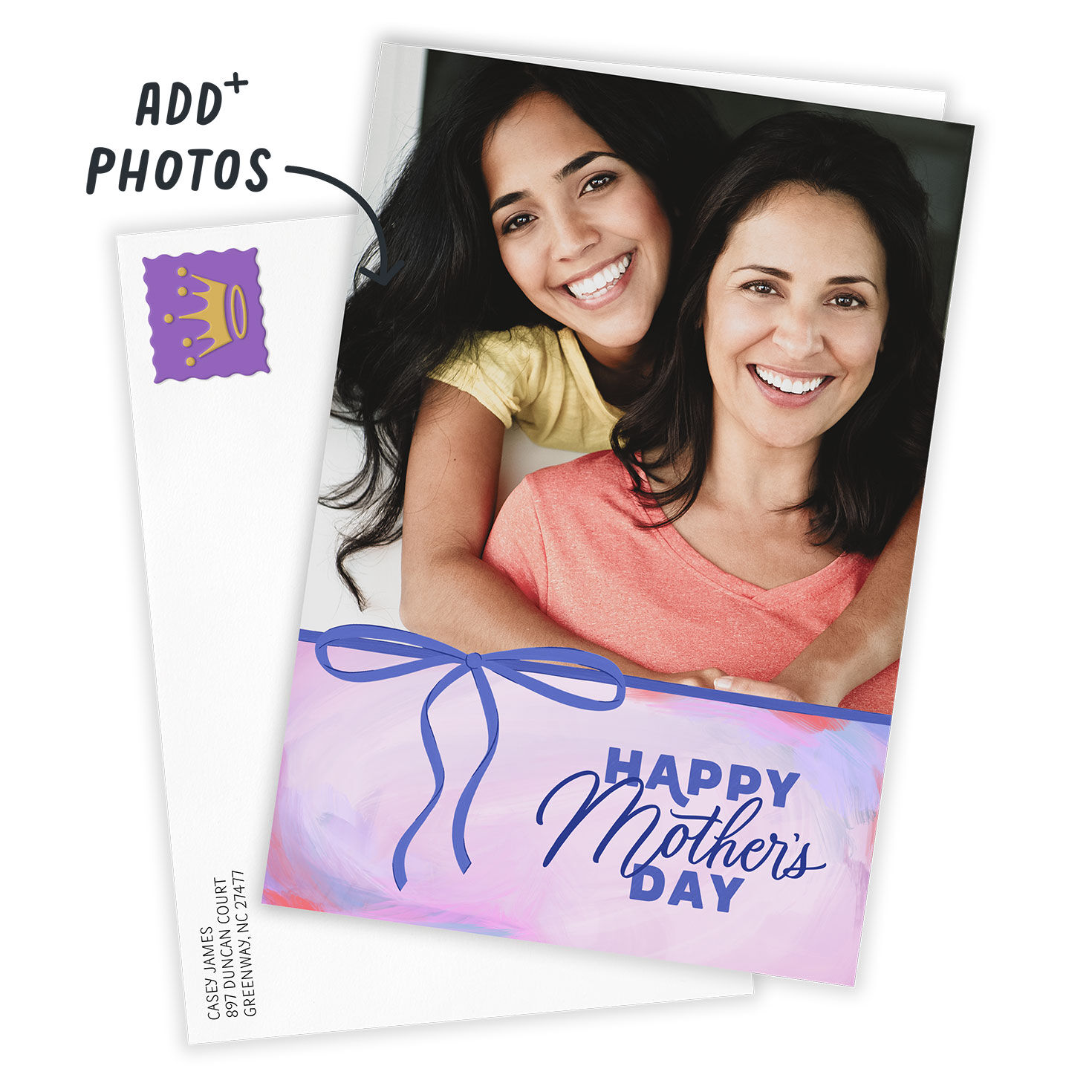 Purple Bow on Photo Personalized Mother's Day Card Card Front with envelope indicating personalization image number 2