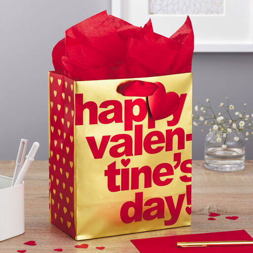 9.6" Red and Gold Medium Valentine's Day Gift Bag With Tissue Paper, 