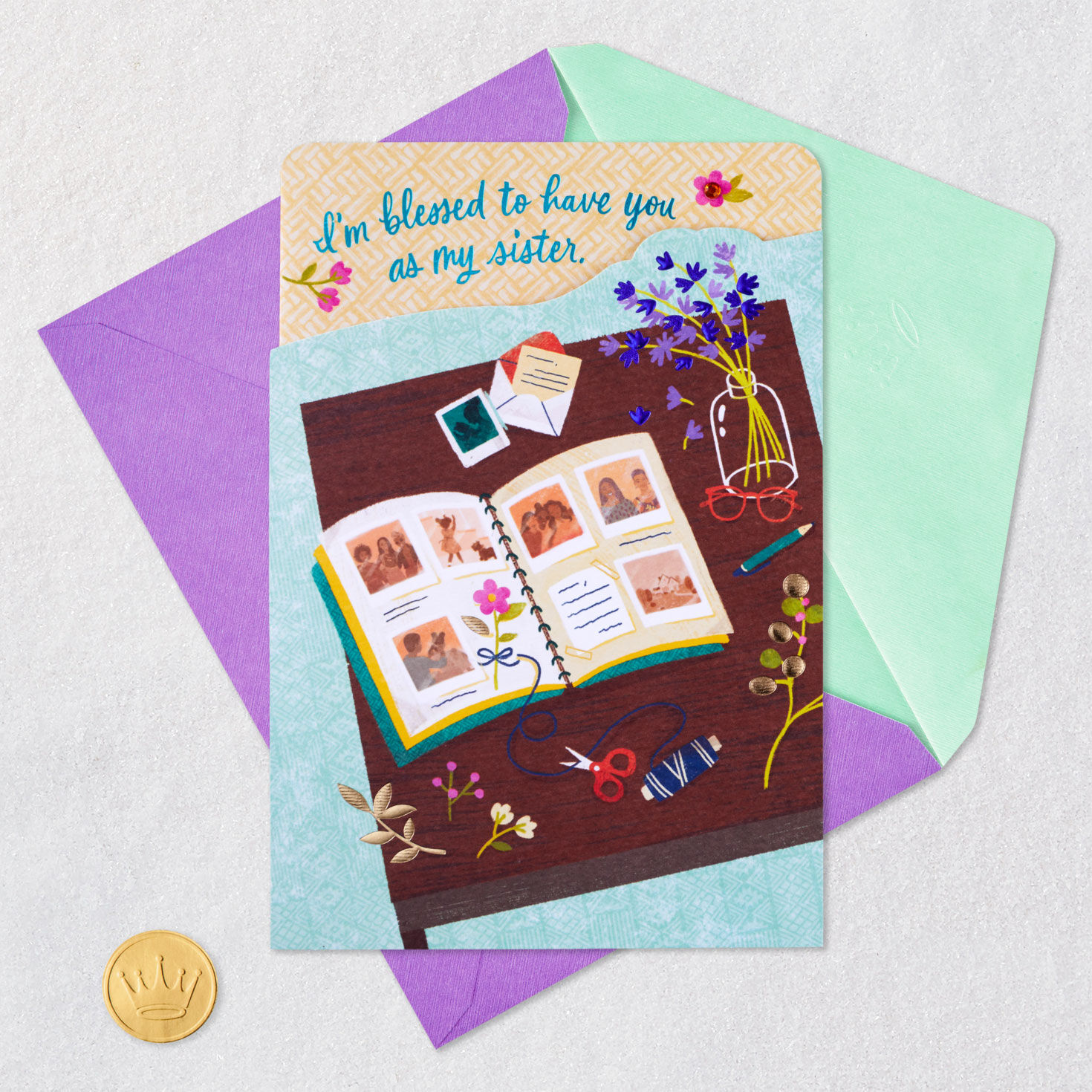 Flowers and Scrapbook Sister Mother's Day Card Card Front with Envelope and Gold Seal image number 6