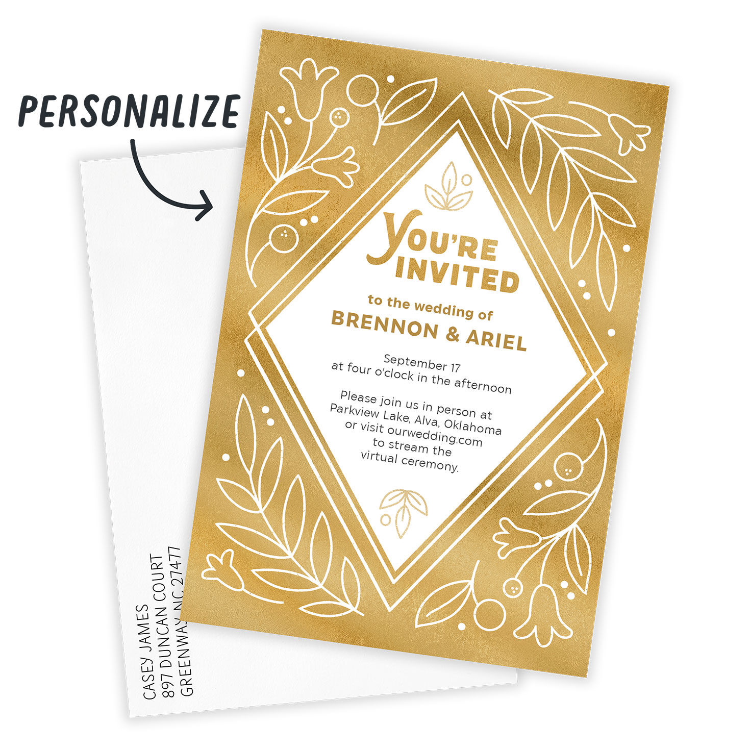 Gold White Diamond Personalized Wedding Invitation Card Front indicating personalization image number 2