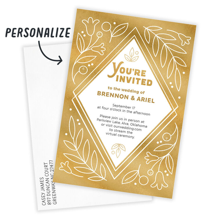 Gold White Diamond Personalized Wedding Invitation Card Front indicating personalization image number 2