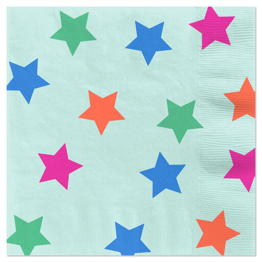 Colorful Stars on Aqua Dinner Napkins, Set of 16, 