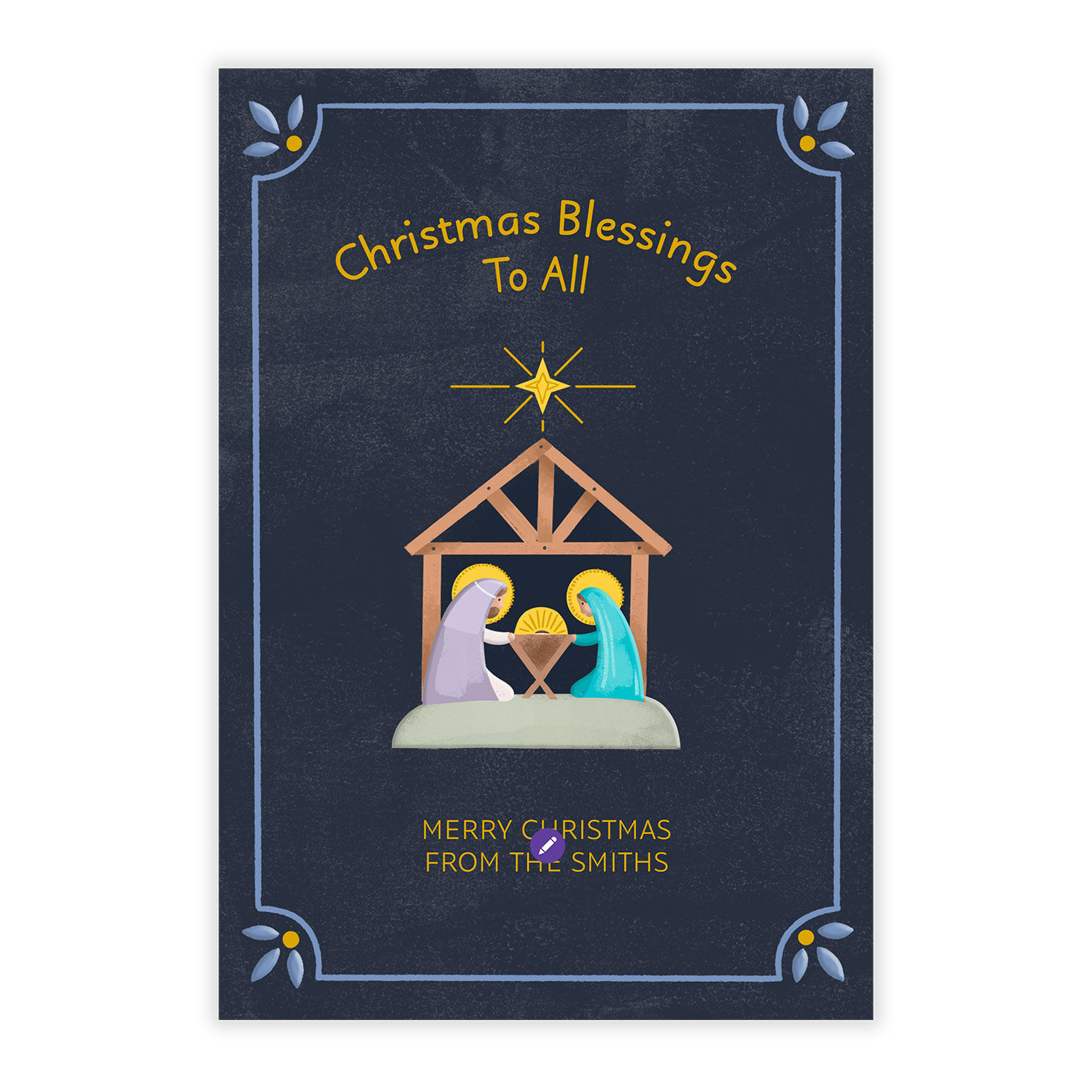 Nativity on Blue Personalized Christmas Photo Card Card Front indicating personalization image number 5