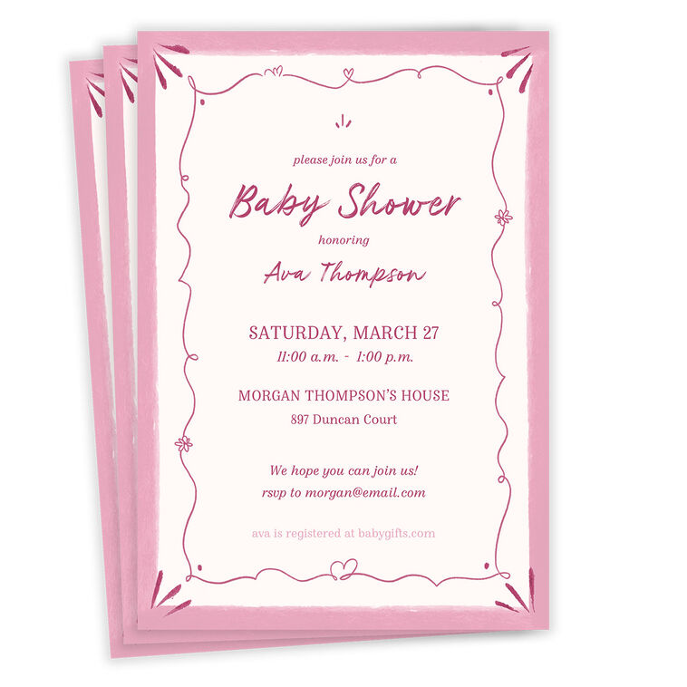 Elegant Pink Doodle Flat Baby Shower Invitation