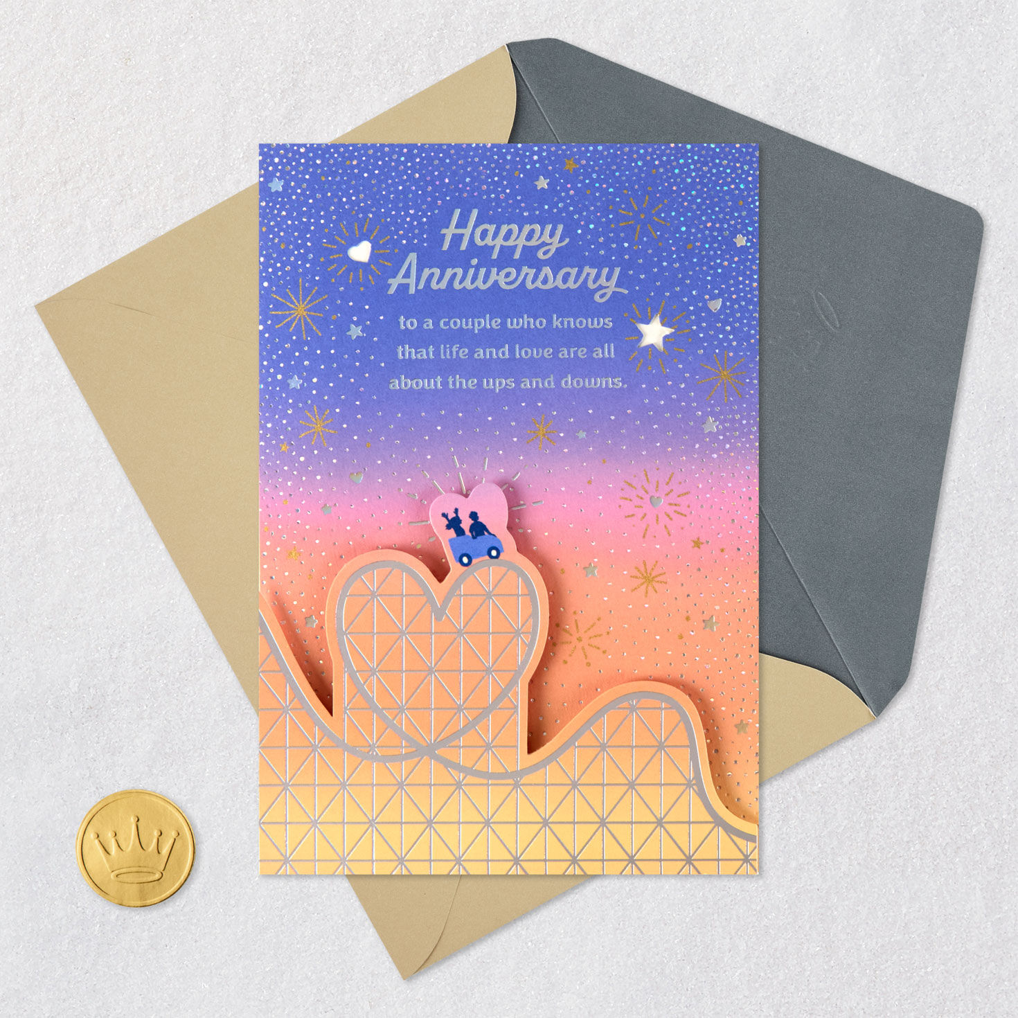 Heart-Shaped Roller Coaster Anniversary Card Card Front with Envelope and Gold Seal image number 5