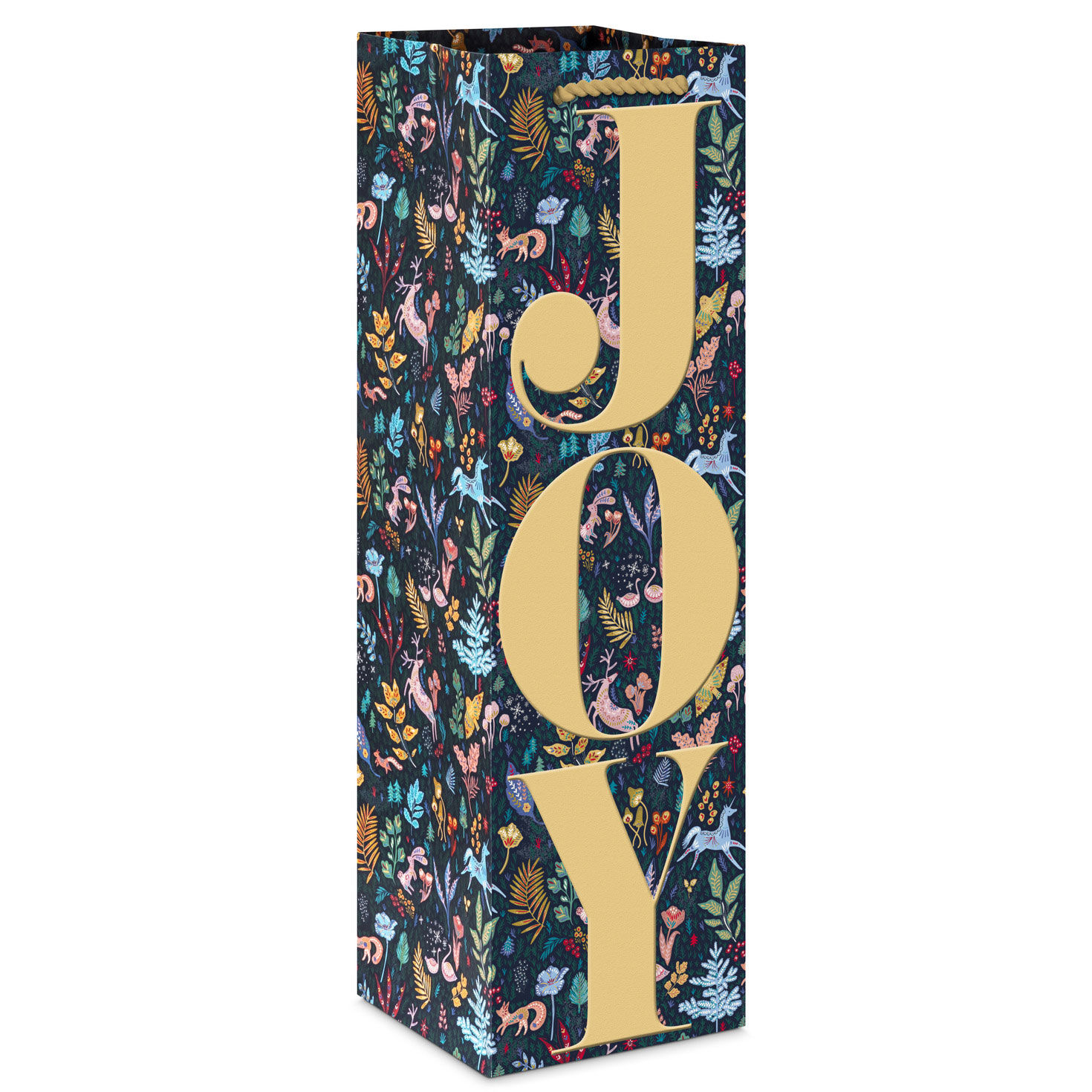 13" Joy on Navy Floral Holiday Wine Gift Bag