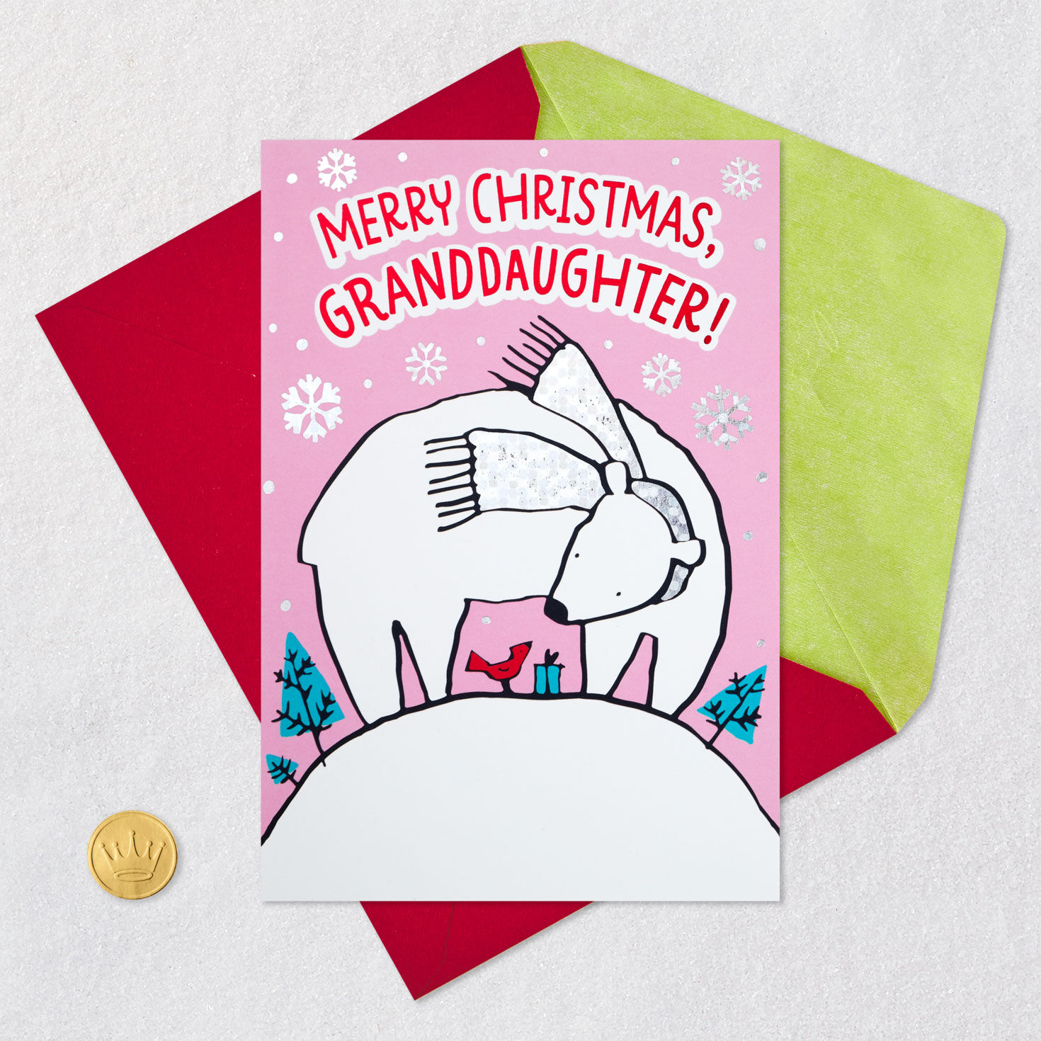 Polar Bear and Bird Granddaughter Christmas Card Card Front with Envelope and Gold Seal image number 5