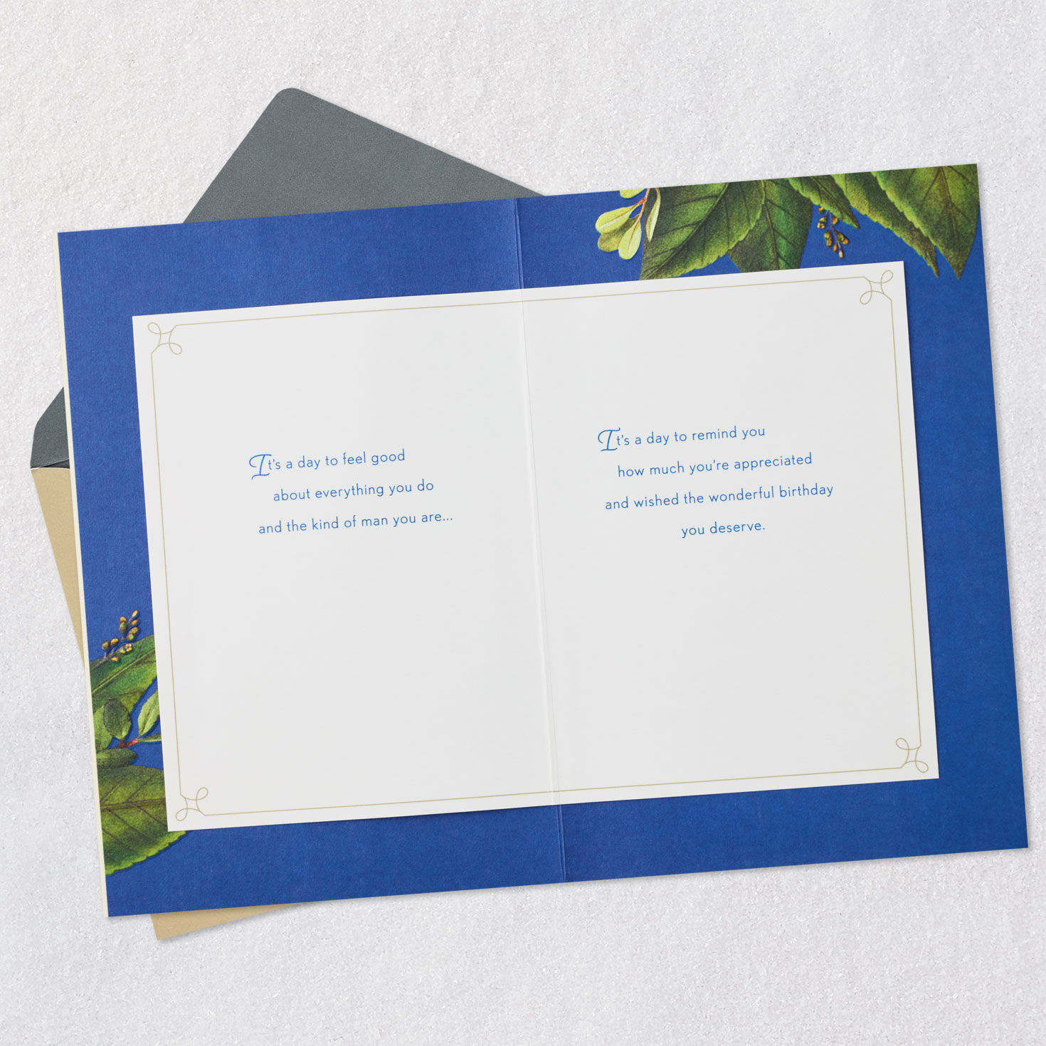 Green Leaves Navy and Cream Birthday Card for Man Open card with envelope image number 4