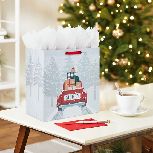 15" Red Truck Hauling Presents Extra-Deep Christmas Gift Bag, 
