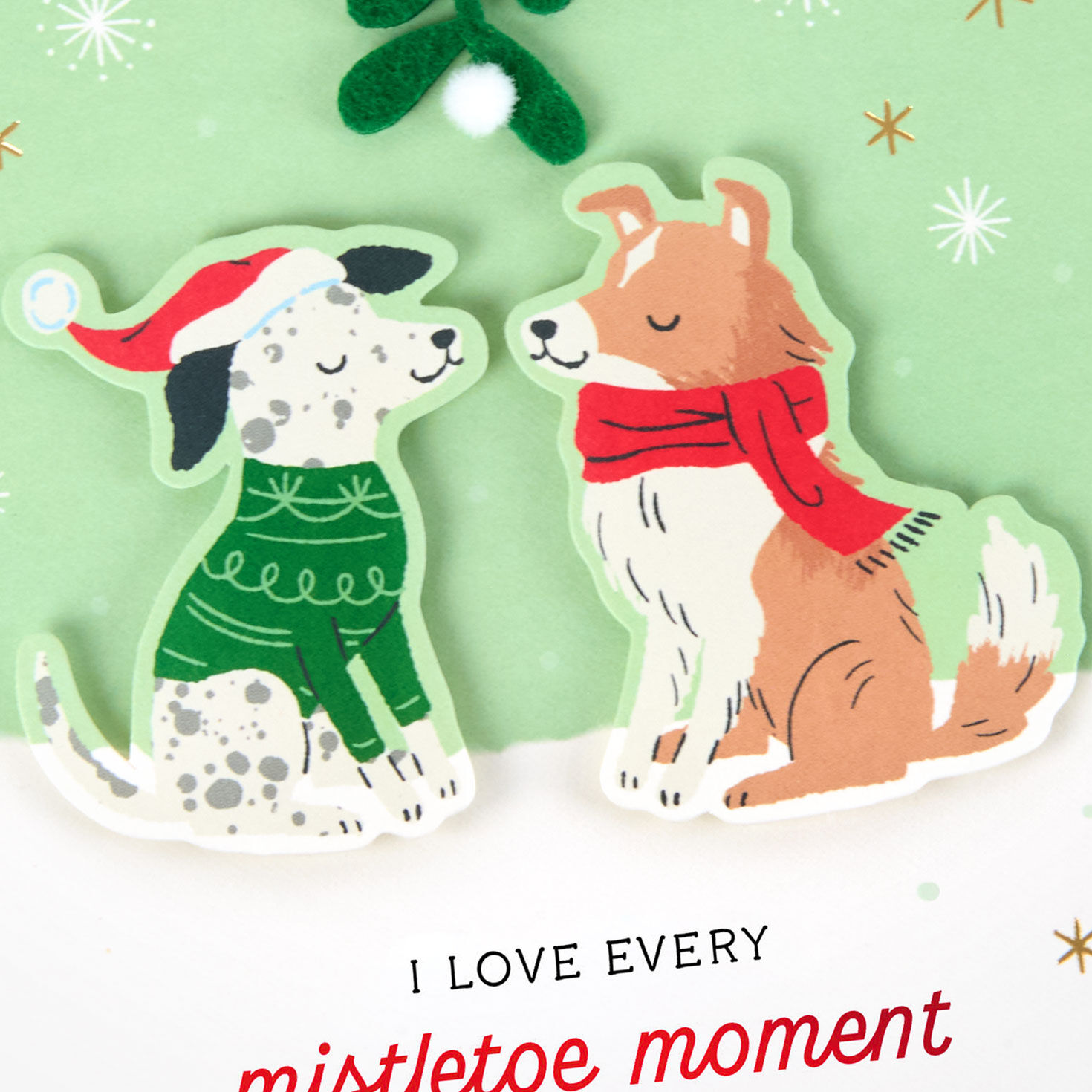 Cute Dogs Under Mistletoe Romantic Christmas Card Card Front Detail image number 5