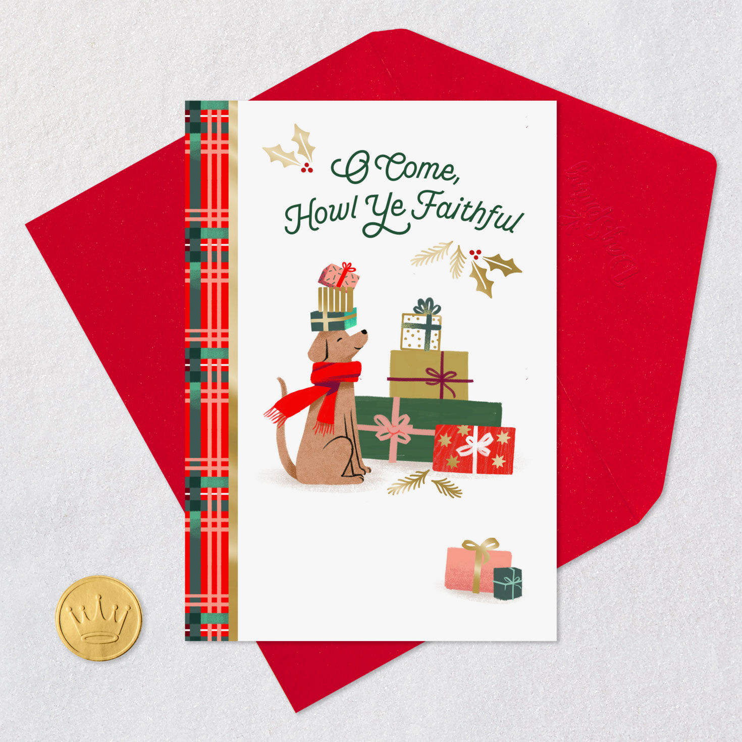 Funny Dog with Gifts Religious Christmas Card Card Front with Envelope and Gold Seal image number 6