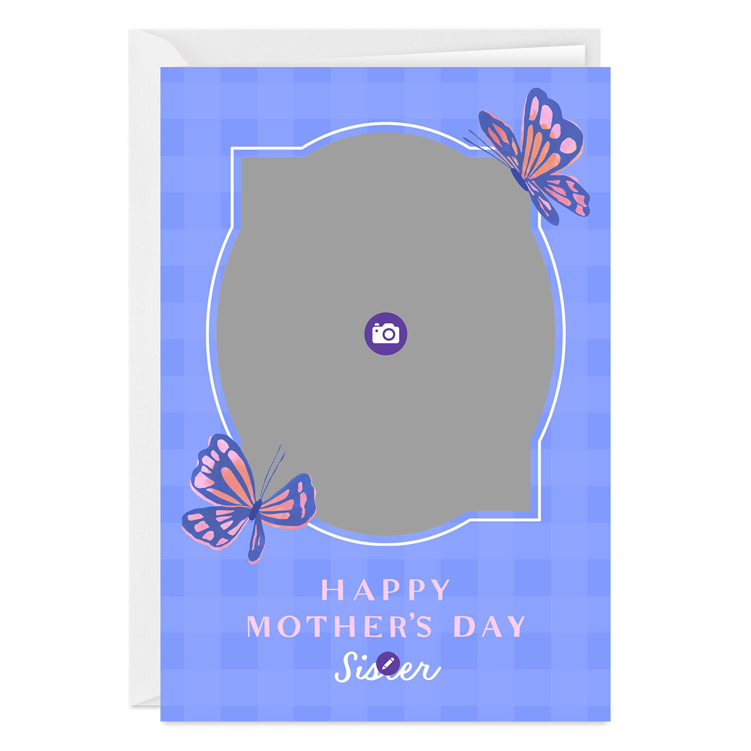 Butterflies on Purple Gingham Mother's Day Card Card Front indicating personalization image number 3