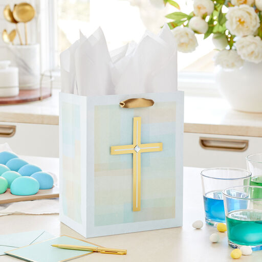 9.6" Gold Cross on Pastel Medium Gift Bag, 