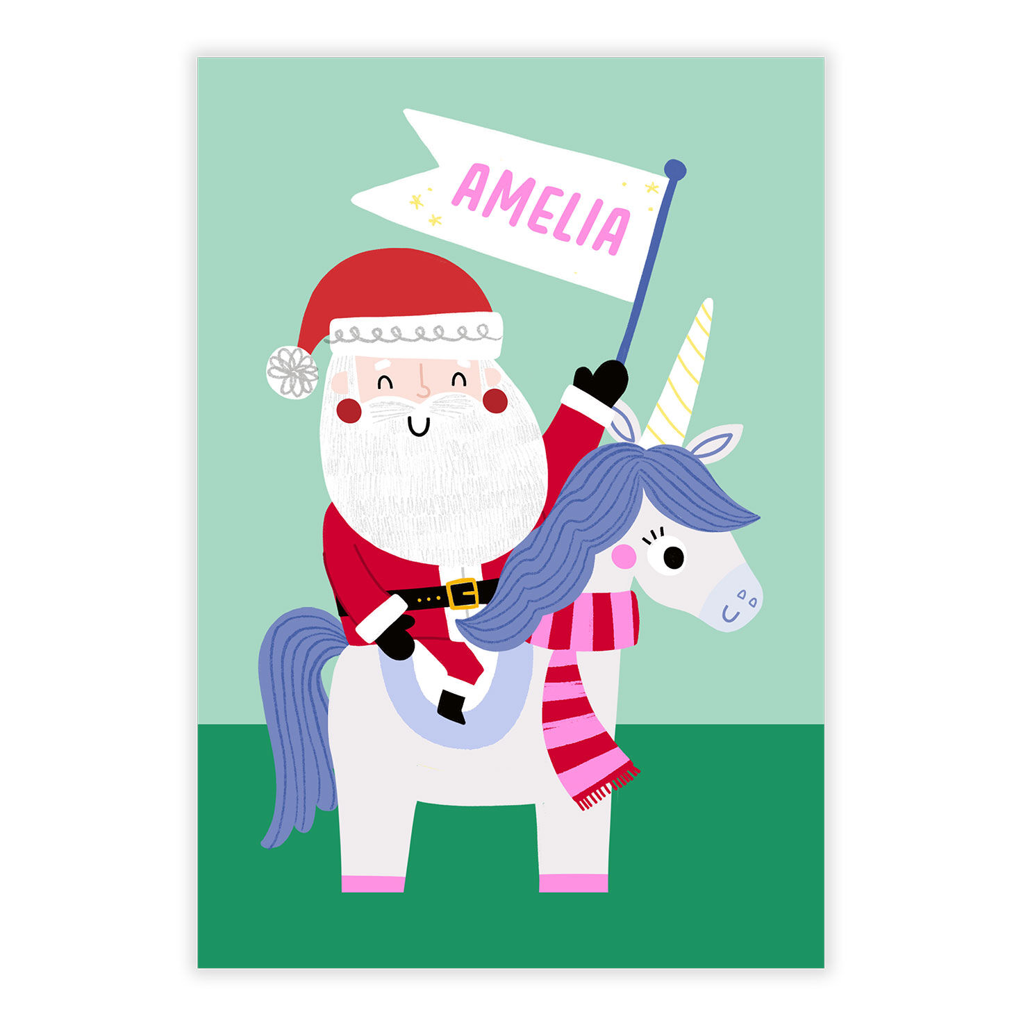 Santa Riding Unicorn Personalized Christmas Card front image number 2
