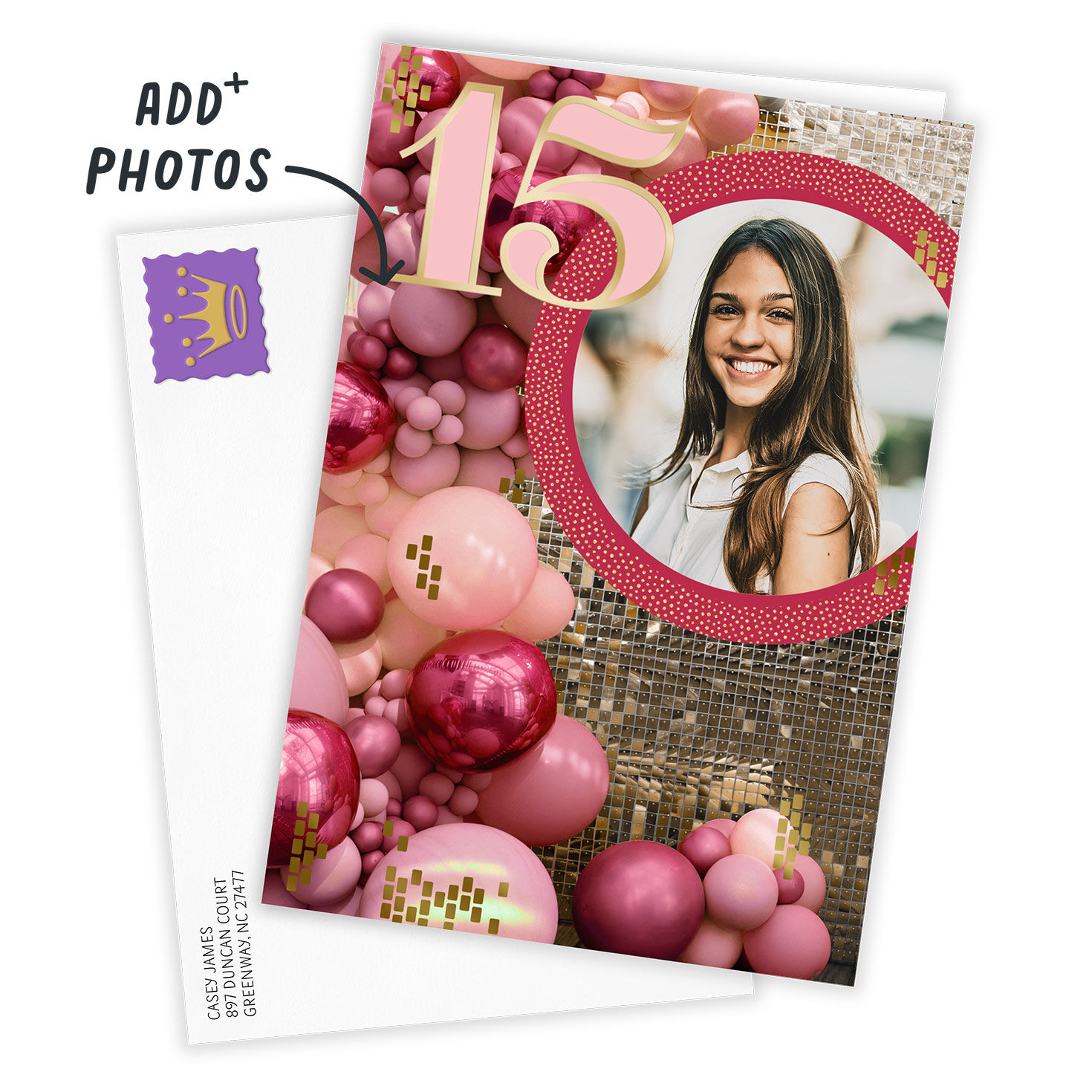Sequins and Balloons Personalized Quincea&ntilde;era Card Card Front with Envelope image number 2