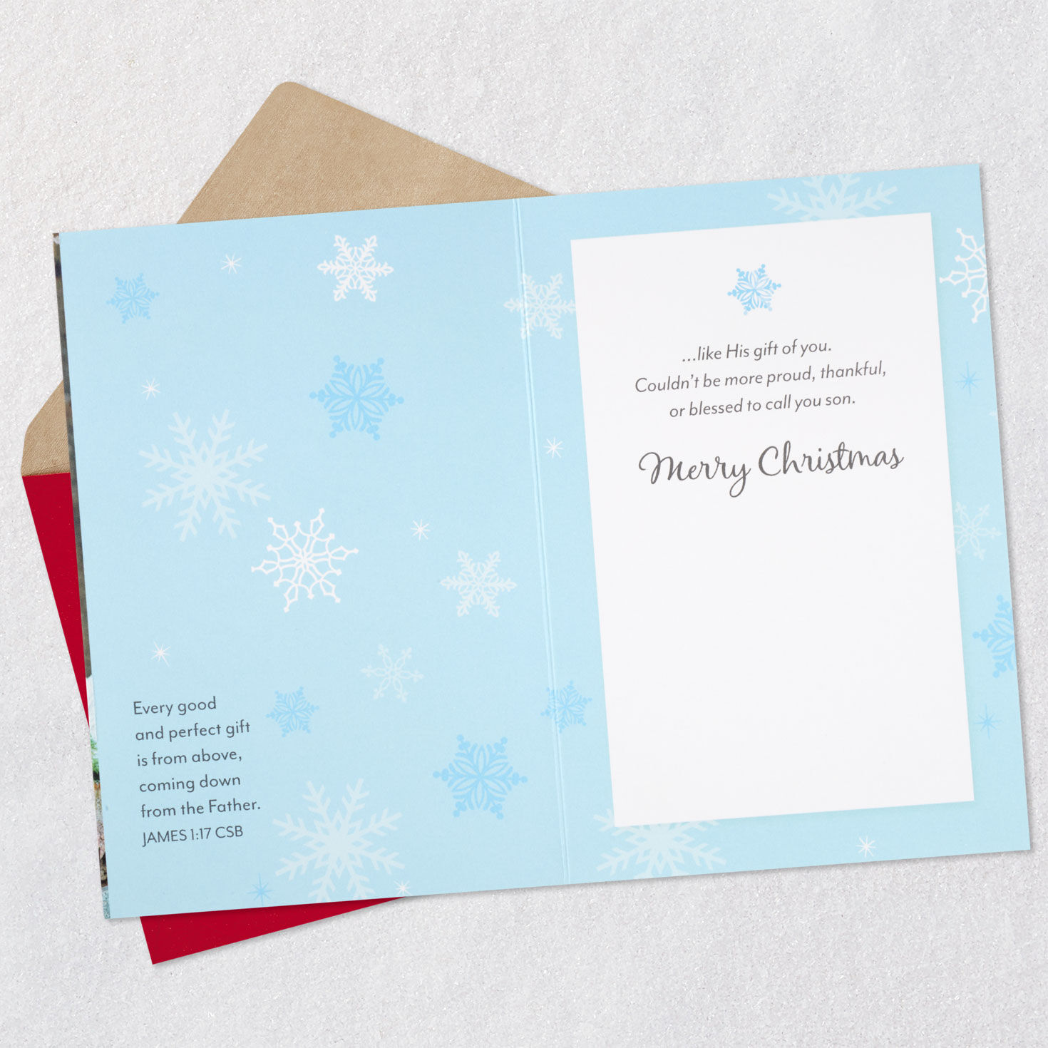 Snowy Barn Religious Christmas Card for Son Open card with envelope image number 4