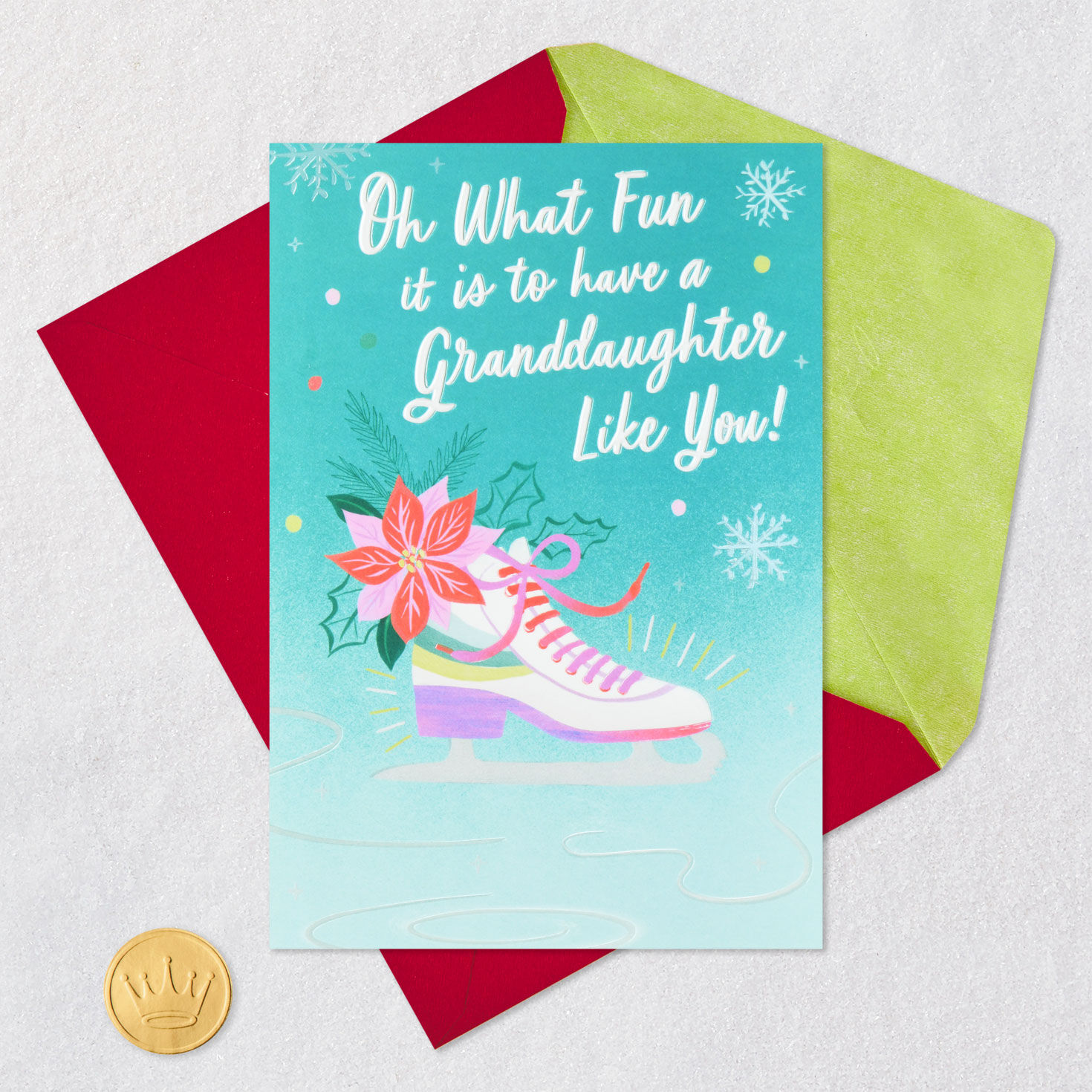 Ice Skate and Flowers Granddaughter Holiday Card Card Front with Envelope and Gold Seal image number 5