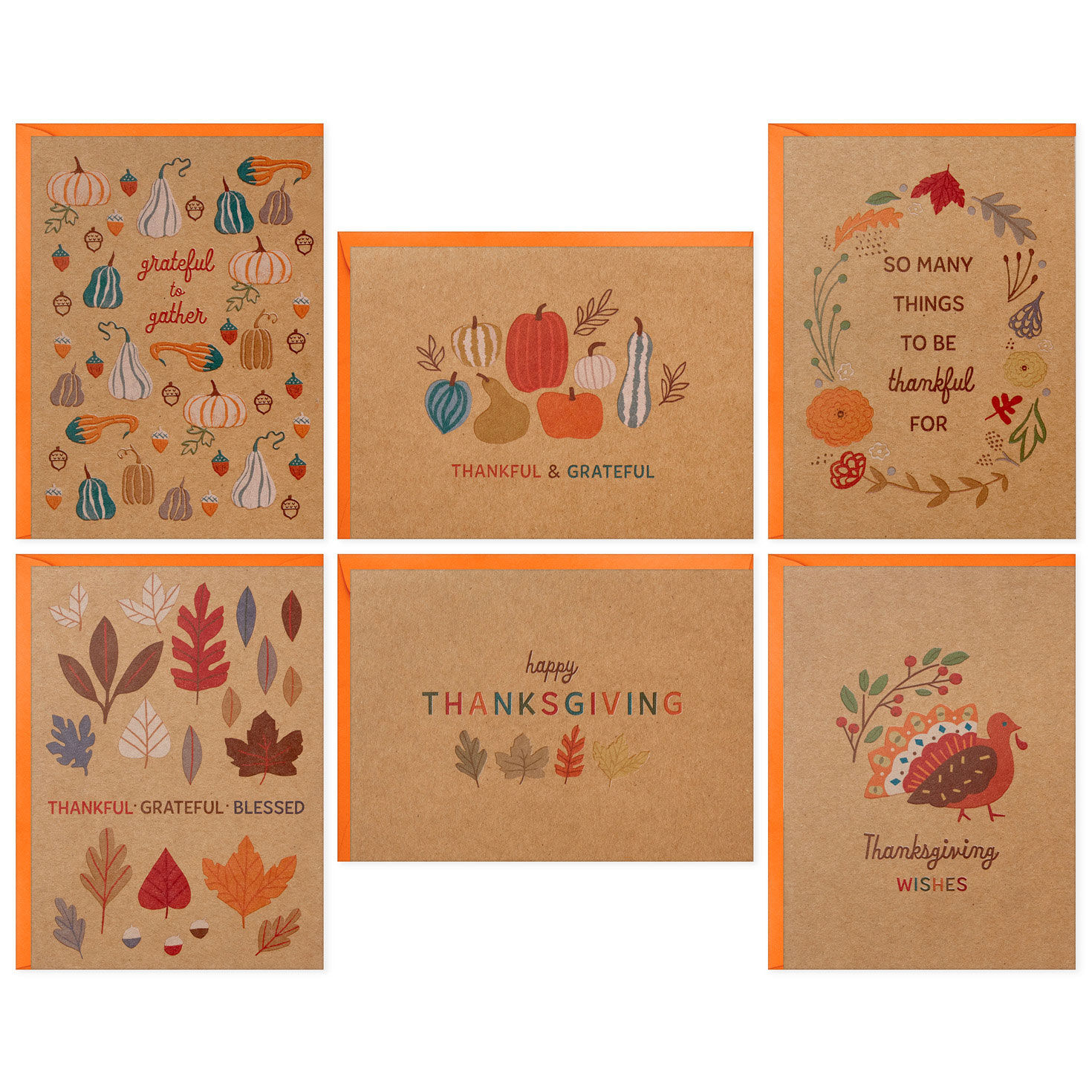 Fall Leaves and Gourds on Kraft Blank Thanksgiving Note Cards, Pack of 24