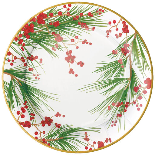 Caspari Red Berries and Pine Round Paper Dinner Plate, Set of 8, 