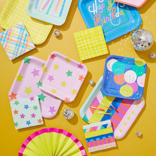 Colorful Stars on Pink Square Dessert Plates, Set of 8, 