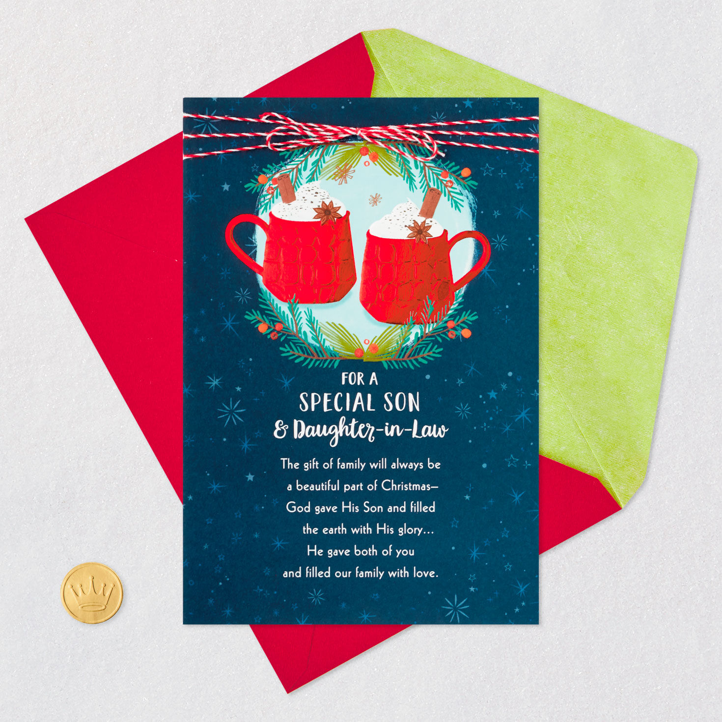 Two Hot Cocoa Mugs Son & His Wife Christmas Card Card Front with Envelope and Gold Seal image number 6