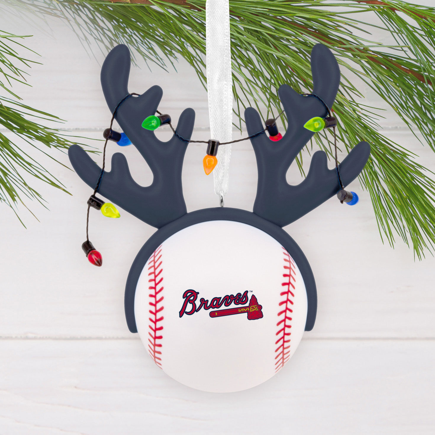 Braves Reindeer Baseball Christmas Ornament hanging on tree image number 2