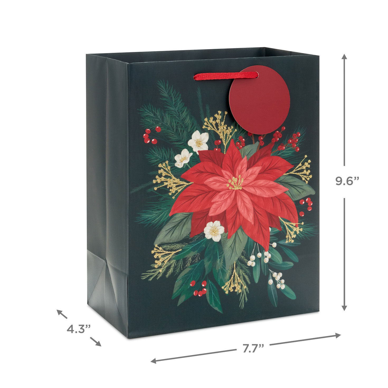 Red Poinsettia on Black Medium Christmas Gift Bag measurement image number 3