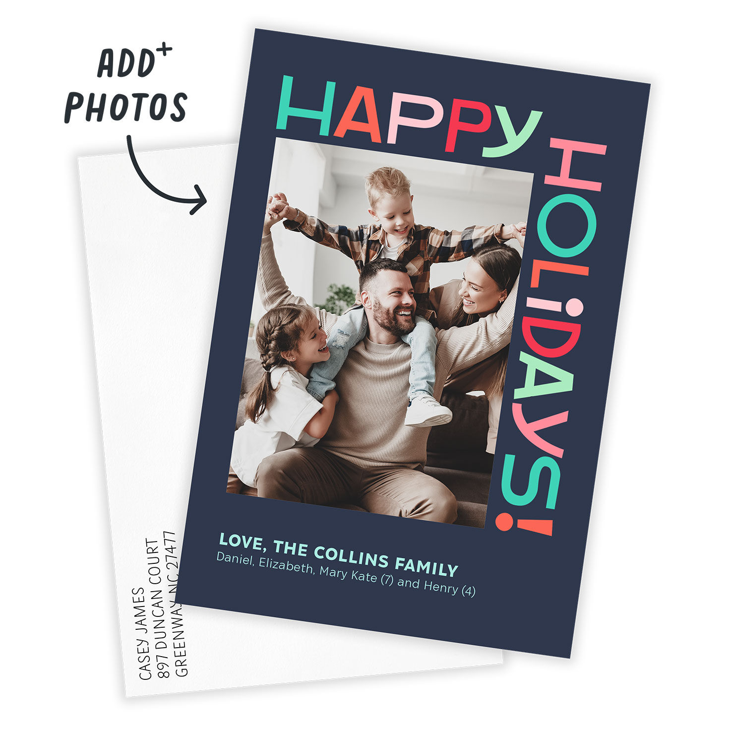 Large Colored Letters Personalized Holiday Photo Card Card with Envelope indicating personalization image number 2