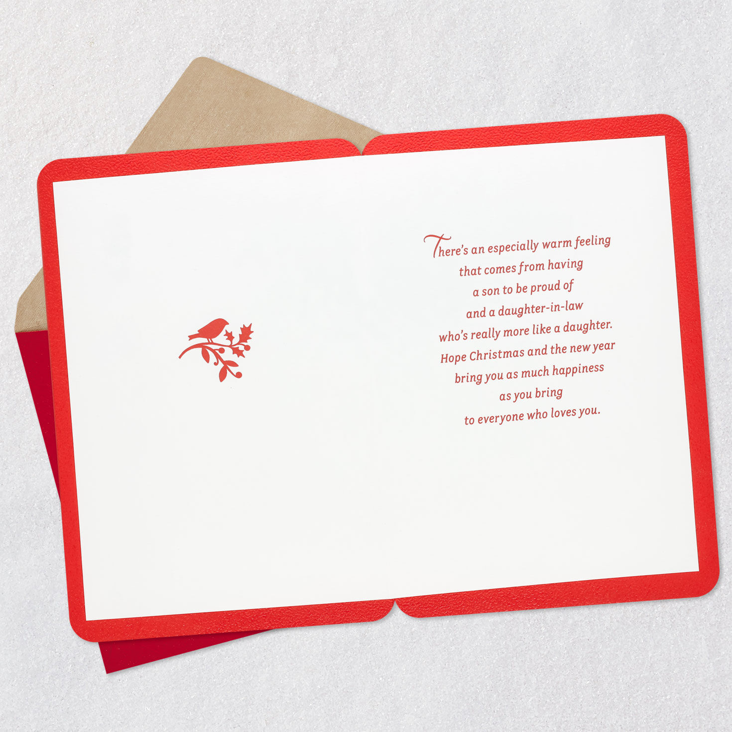 Red Poinsettia Christmas Card for Son & Daughter-in-Law Open card with envelope image number 3