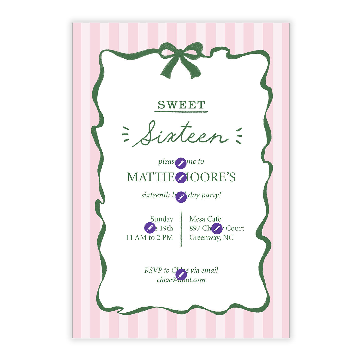 Pink Stripes Green Ribbon Personalized Party Invite Card Front indicating personalization image number 5