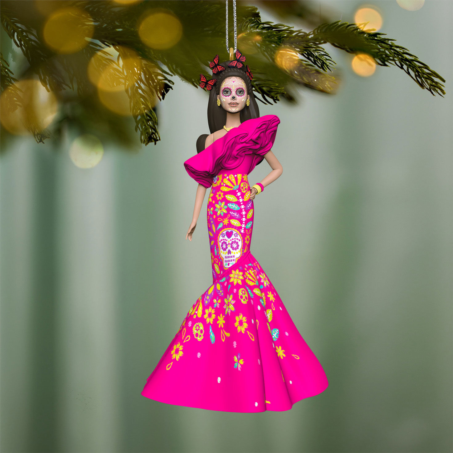 Barbie Pink D&iacute;a De Muertos Dress Ornament Hanging on tree image number 2