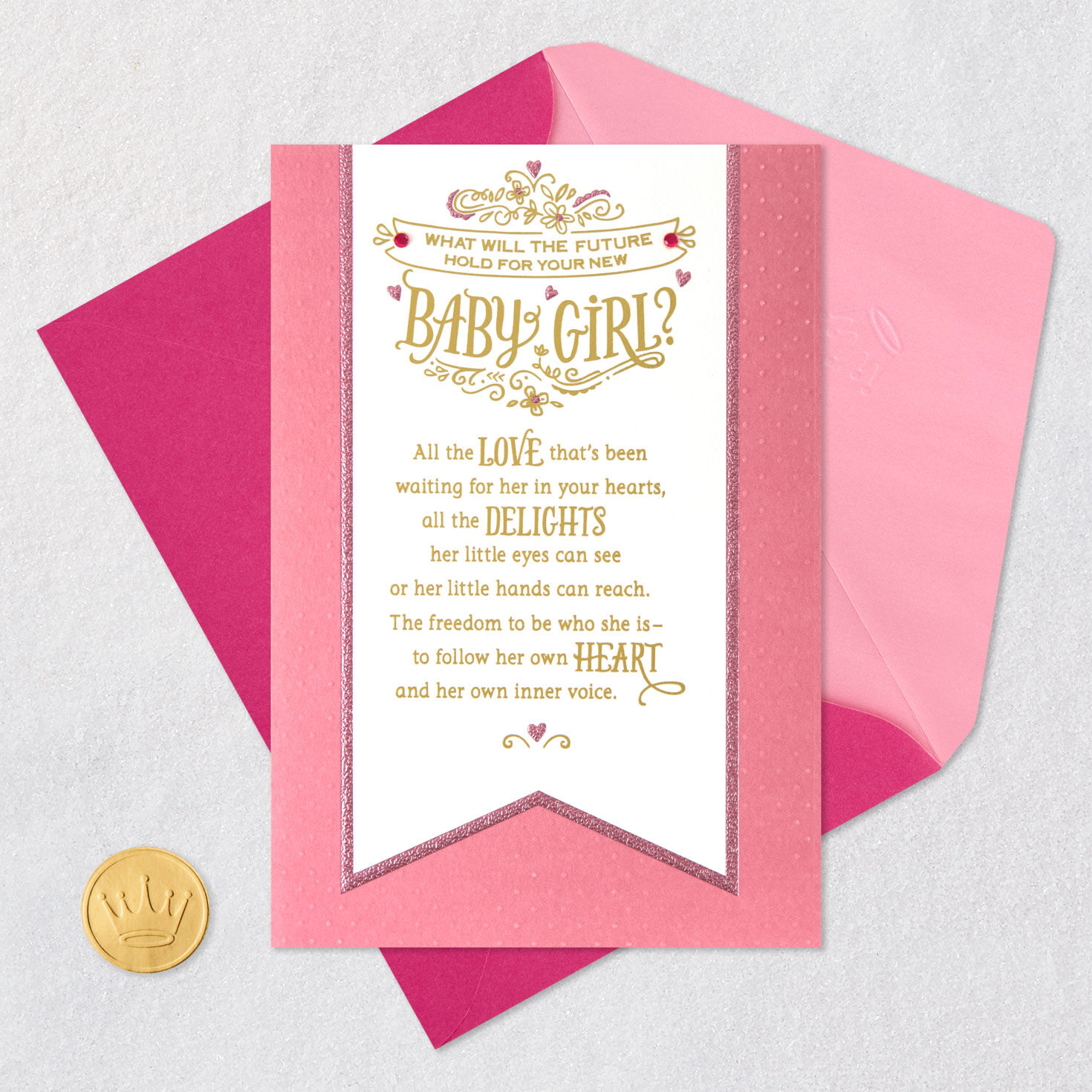 Pink Hearts and Banner New Baby Girl Card Card Front with Envelope and Gold Seal image number 5