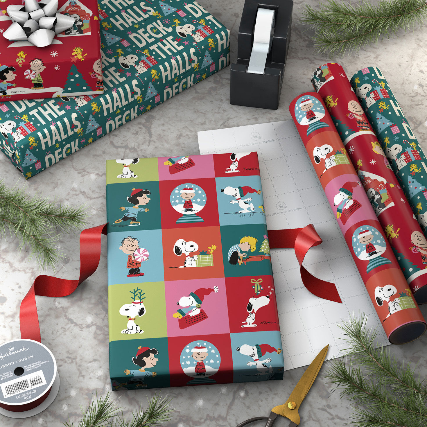 Teal and Red Snoopy 3-Pack Mini Xmas Gift Wrap Rolls Wrapped pkg image number 3